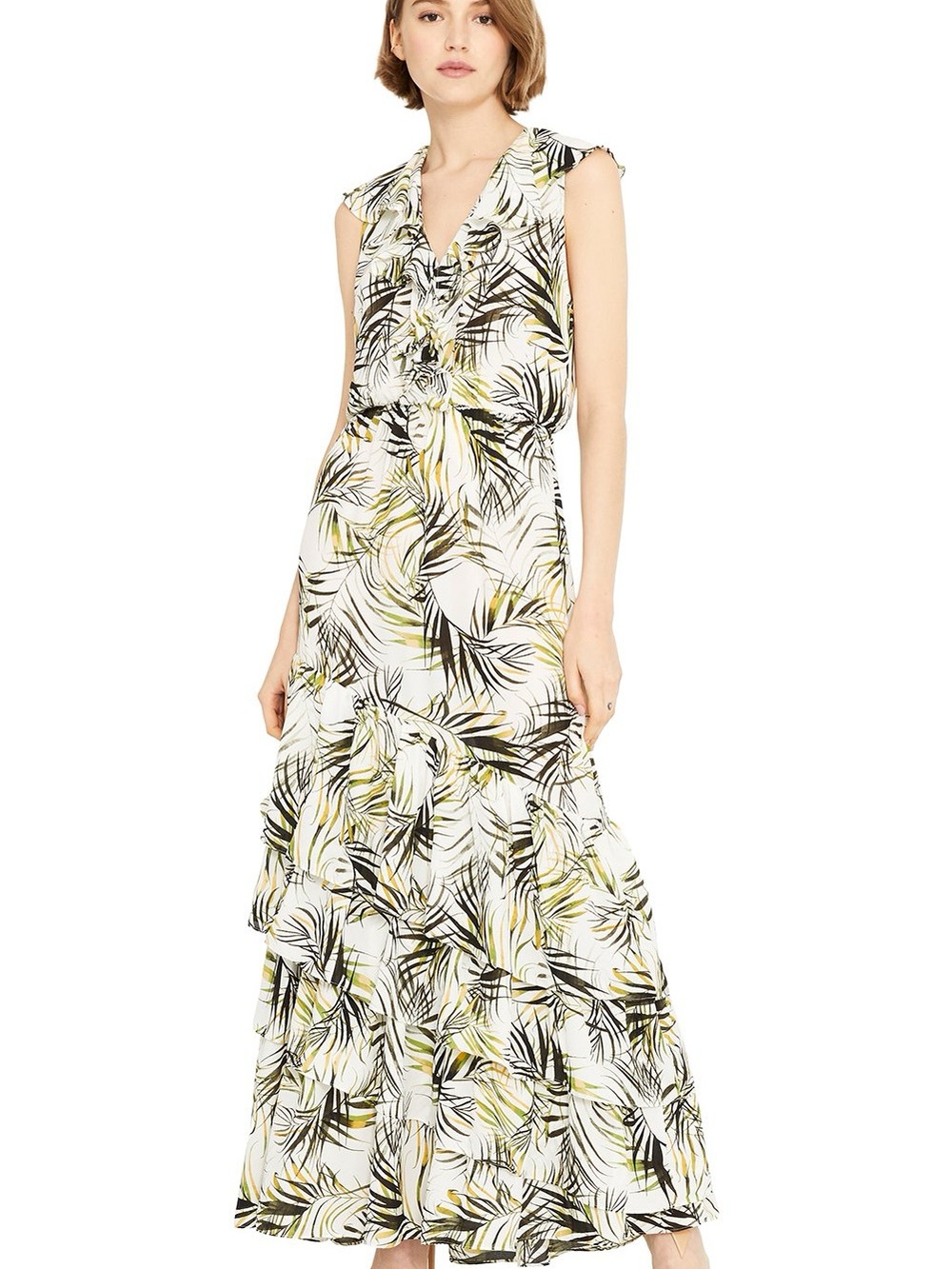 Misa Los Angeles White Palm-Print Ruffle Maxi Dress